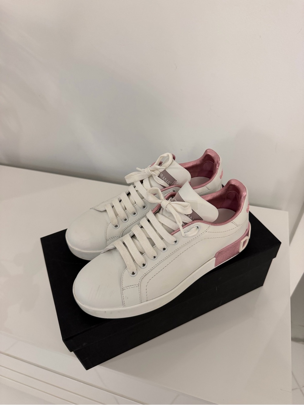 Dolce & Gabbana White Leather Sneakers with Pink Accents